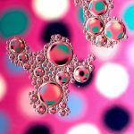 Abstract illustration of clustered lipid nanoparticles on a colourful background, symbolising mRNA drug delivery