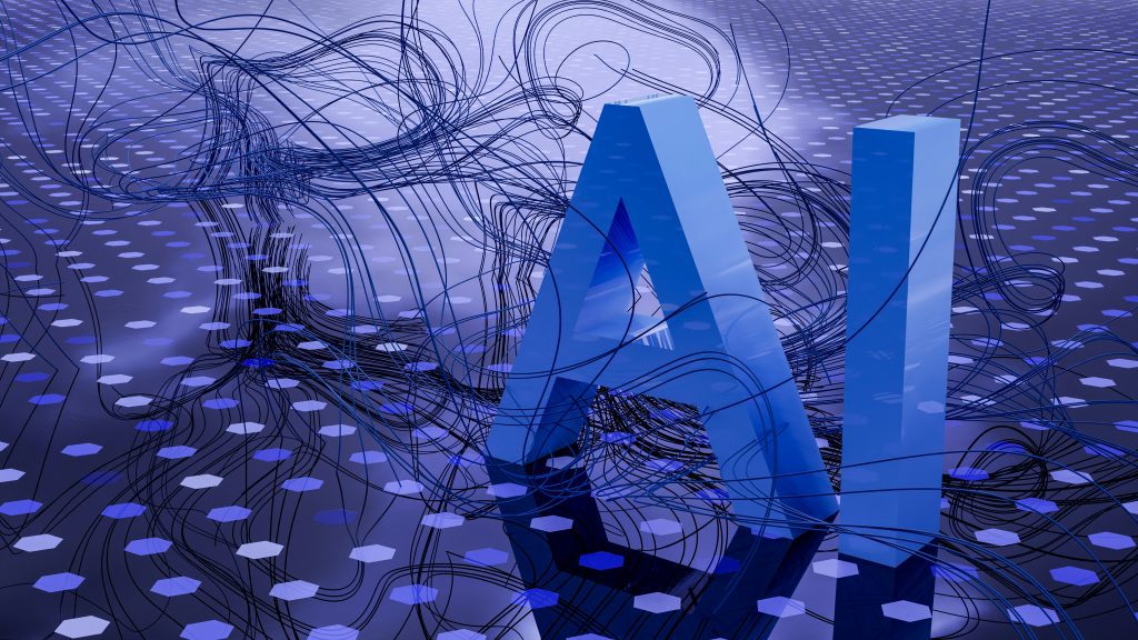 Abstract 3-D illustration of large blue “AI” letters surrounded by flowing neural-network lines on a hexagonal microchip pattern