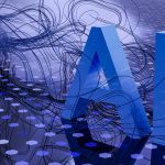 Abstract 3-D illustration of large blue “AI” letters surrounded by flowing neural-network lines on a hexagonal microchip pattern