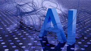 Abstract 3-D illustration of large blue “AI” letters surrounded by flowing neural-network lines on a hexagonal microchip pattern