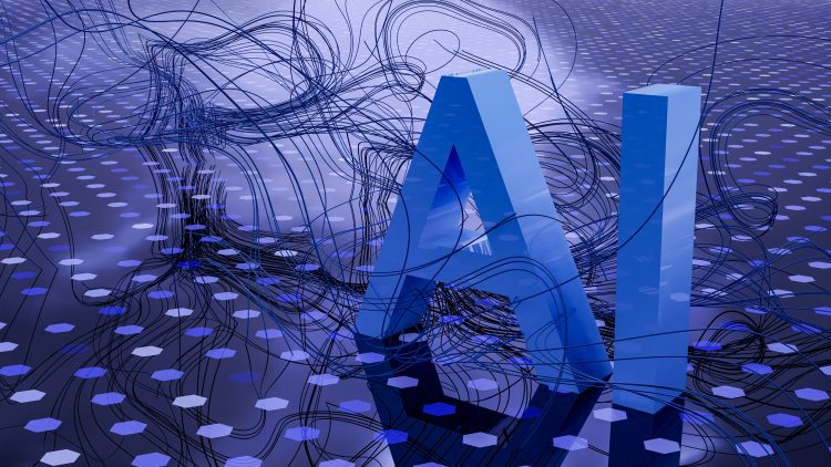 Abstract 3-D illustration of large blue “AI” letters surrounded by flowing neural-network lines on a hexagonal microchip pattern
