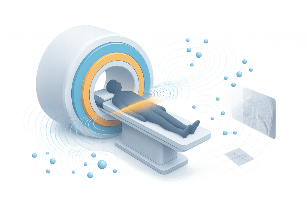 MRI physics illustration showing a patient in the scanner with RF waves, hydrogen nuclei and k-space transforming into an image