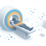 MRI physics illustration showing a patient in the scanner with RF waves, hydrogen nuclei and k-space transforming into an image