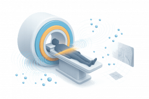 MRI physics illustration showing a patient in the scanner with RF waves, hydrogen nuclei and k-space transforming into an image