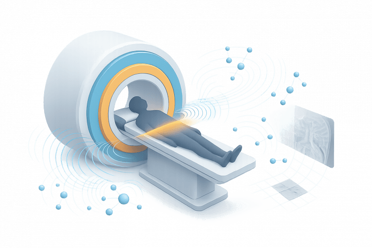 MRI physics illustration showing a patient in the scanner with RF waves, hydrogen nuclei and k-space transforming into an image